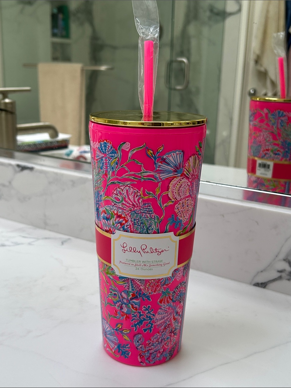 Lilly Pulitzer Hot Pink Floral Travel Tumbler with Gold Lid